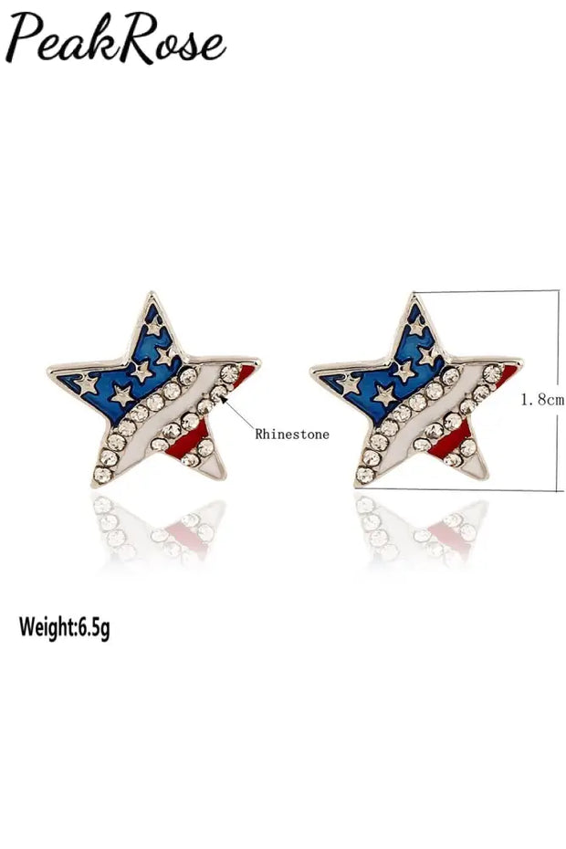 American Flag Pentagram Heart Rhinestone Oil Drip Earrings