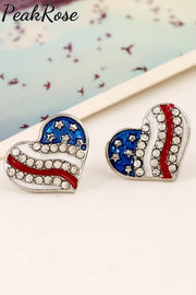 American Flag Pentagram Heart Rhinestone Oil Drip Earrings A