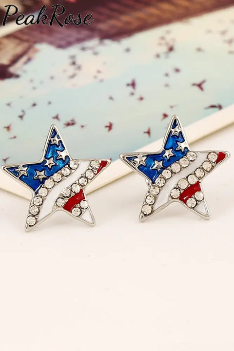 American Flag Pentagram Heart Rhinestone Oil Drip Earrings B