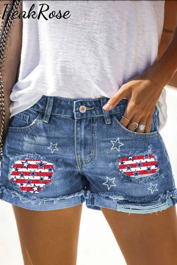 American Flag Star Ripped Denim Shorts S / Photo Color