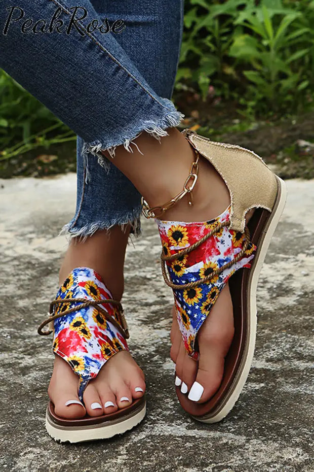 American Flag Sunflower Print Sandals Vintage Flip Flops