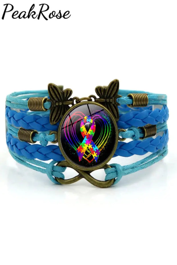 Autism Awareness Acceptance Love Multicolour Puzzle Ribbon Leather Bracelet One-Size / Blue