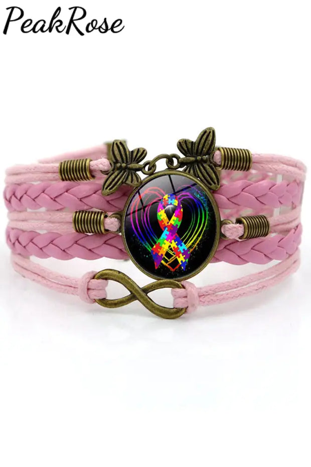 Autism Awareness Acceptance Love Multicolour Puzzle Ribbon Leather Bracelet One-Size / Pink