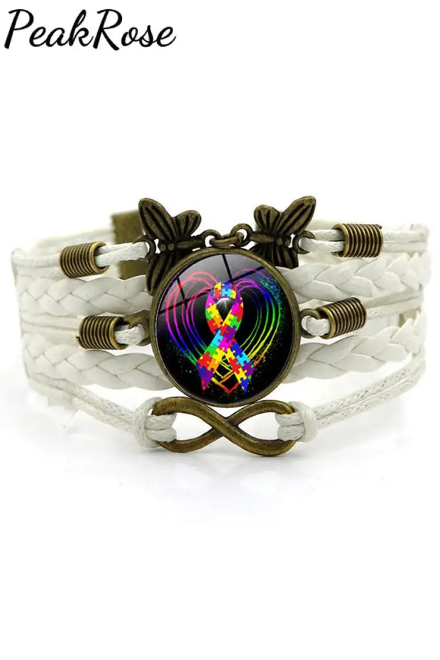 Autism Awareness Acceptance Love Multicolour Puzzle Ribbon Leather Bracelet One-Size / White