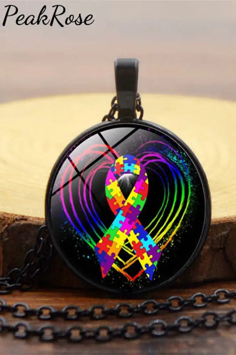 Autism Awareness Acceptance Love Multicolour Puzzle Ribbon Necklace One Size / Black