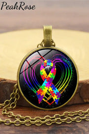 Autism Awareness Acceptance Love Multicolour Puzzle Ribbon Necklace One Size / Bronze