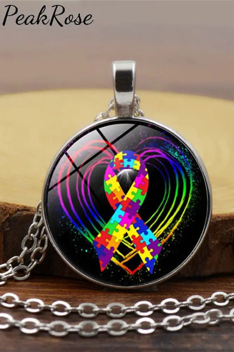 Autism Awareness Acceptance Love Multicolour Puzzle Ribbon Necklace One Size / Silver