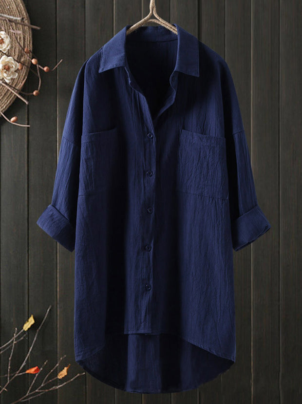 Women's Temperament solid color and linen shirt loose shirt top