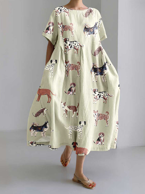 Retro Cozy Puppy Print Loose Midi Dress