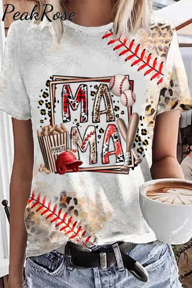 Baseball Mom With Peanuts Leopard Printed O Neck T-Shirt T-Shirt