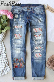 Baseball Mom With Peanuts Leopard Printed Ripped Denim Jeans S