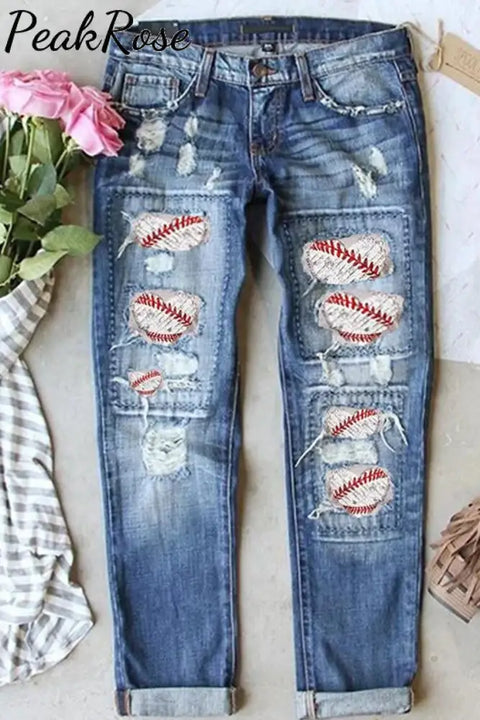 Baseball Print Ripped Jeans Blue / S