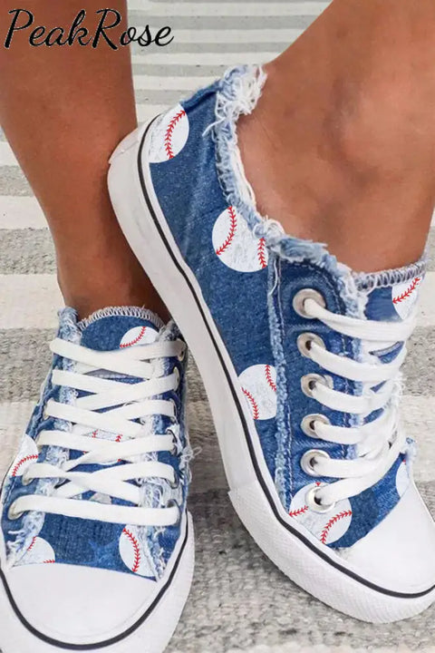 Baseball Printed Denim Color Casual Lace Up Canvas Shoes Sneakers 3.5(35) / Photo