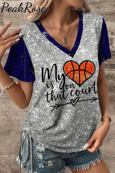 Basketball Day My Heart Is On That Court Print V-Neck T-Shirt T-Shirt