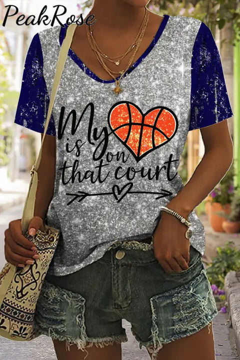 Basketball Day My Heart Is On That Court Print V-Neck T-Shirt T-Shirt