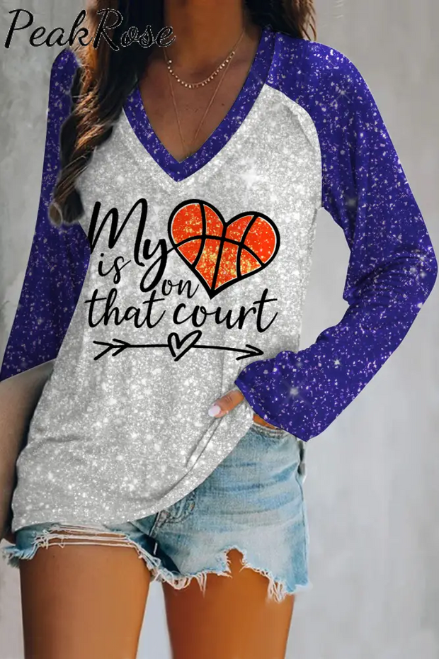 Basketball Day My Heart Is On That Court V Neck Short Sleeve T-Shirt