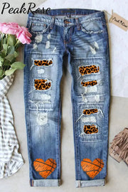 Basketball Lover Heart Mom Leopard Print Denim Jeans