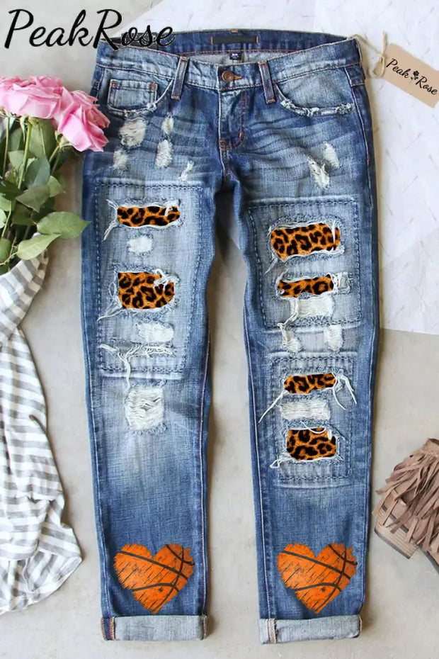 Basketball Lover Heart Mom Leopard Print Denim Jeans