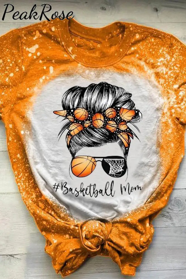 Basketball Mom Messy Bun Print Bleached Round Neck Short Sleeve T-Shirt