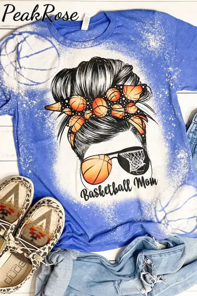 Basketball Mom Messy Bun Print Bleached Round Neck Short Sleeve T-Shirt