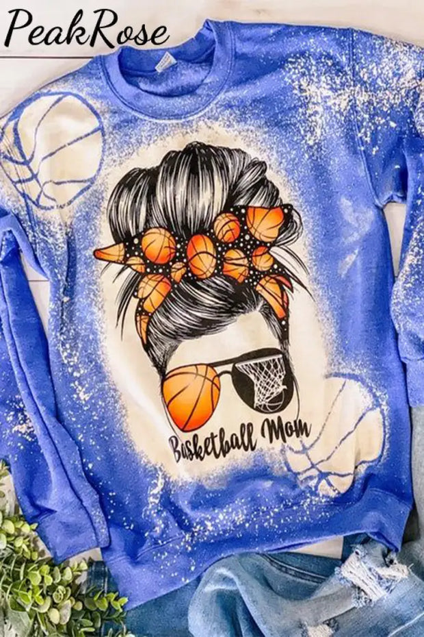 Basketball Mom Messy Bun Print Bleached Round Neck Sweatshirt