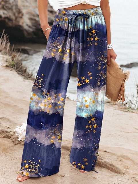 Women's Vacation Deep Purple Night Sky Nebula Art Printed Cotton And Linen Casual Pants