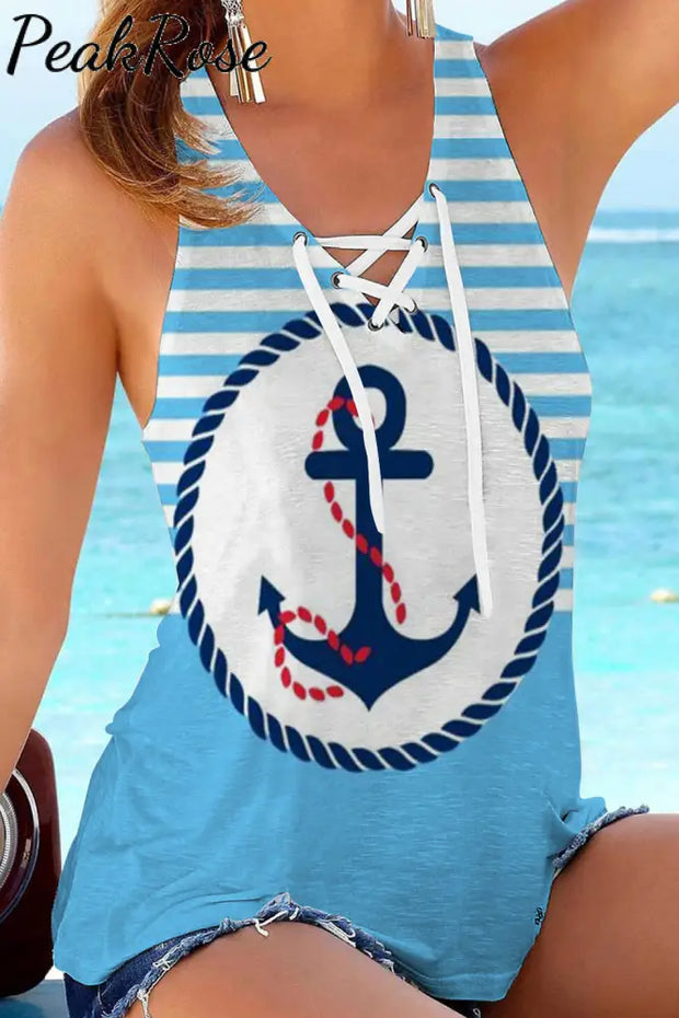 Beach Stripe Anchor Lace Up Tank Top