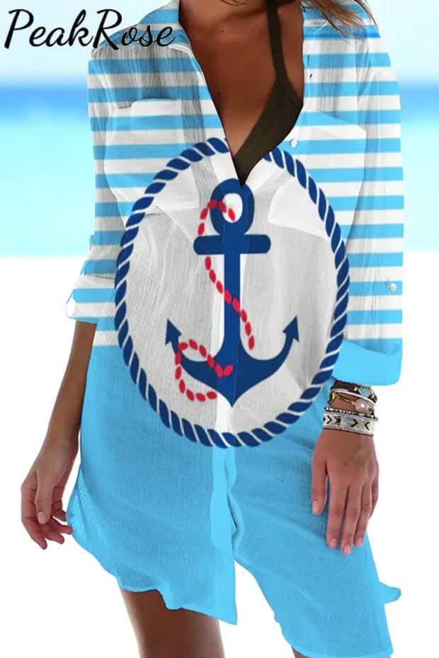 Beach Stripe Anchor Patch Front Pockets Shirt S / Blue