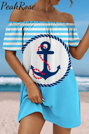 Beach Stripe Anchor Ruffled Boat Neck Strapless Dress Off Shoulder