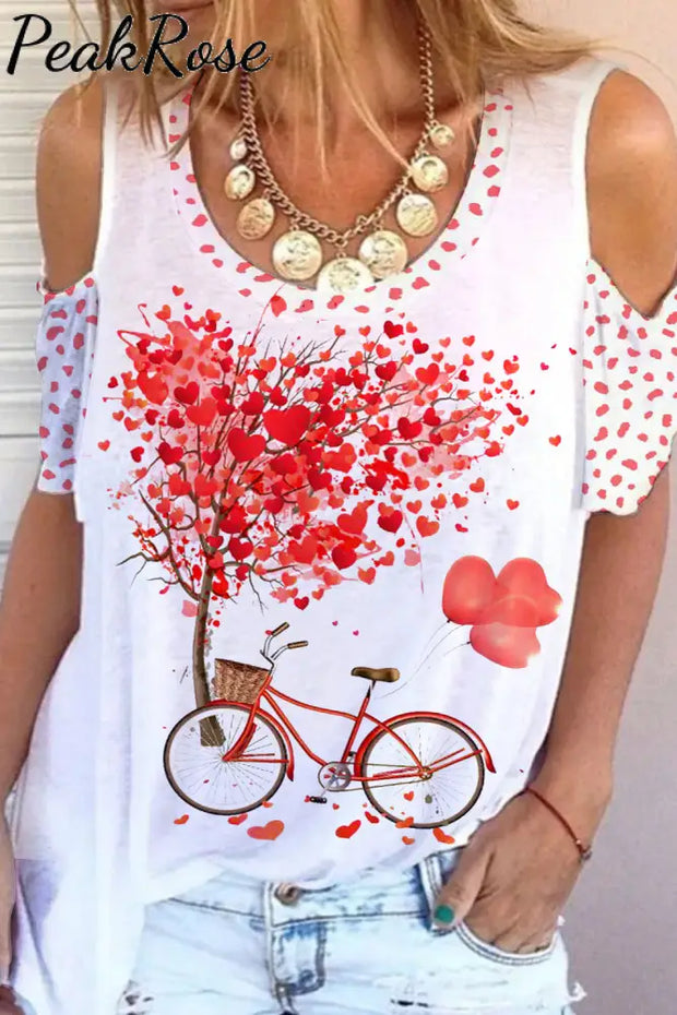 Bicycle Print Cold Shoulder T-Shirt S / White T-Shirt