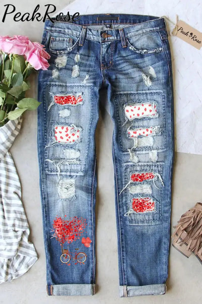 Bicycle Print Ripped Denim Jeans S / Blue