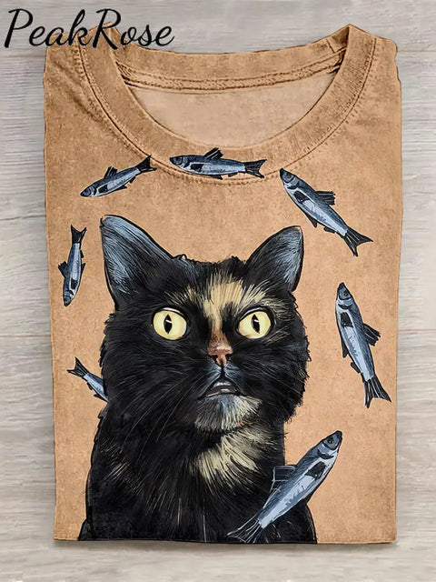 Black Cat And Dried Fish T-Shirt Khaki / S Hot Sell