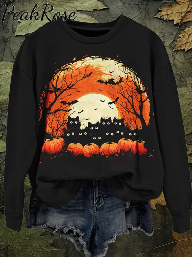 Black Cat Halloween Art Print Unisex Crew Neck Long Sleeve Sweatshirt / S Hot Sell