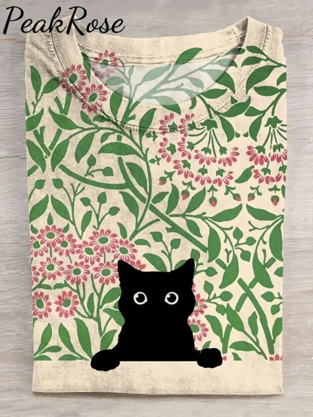 Black Cat In Flowers Art Print Casaul Short Sleeve T-Shirt Multicolor / S Hot Sell