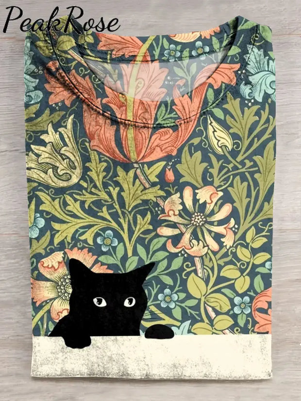 Black Cat In Flowers Art Print Casaul Short Sleeve T-Shirt Multicolor / S Hot Sell