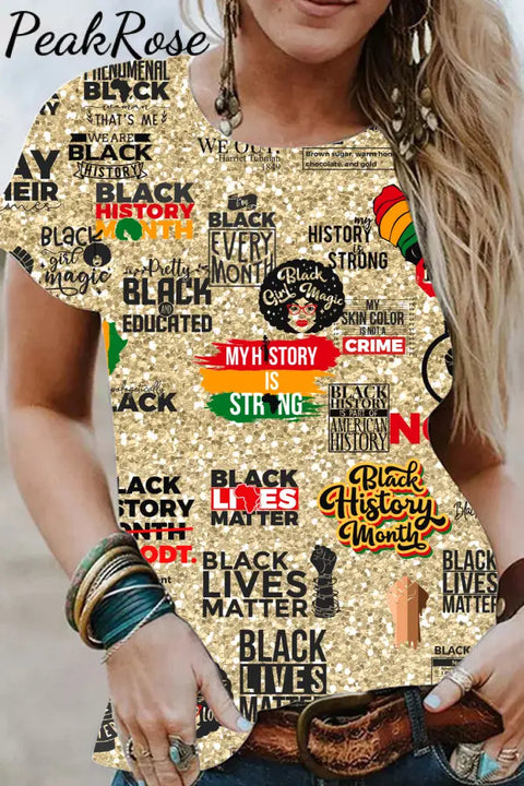 Black Pride History Month Pattern Round Neck T-Shirt Short Sleeve Top S / Photo Color