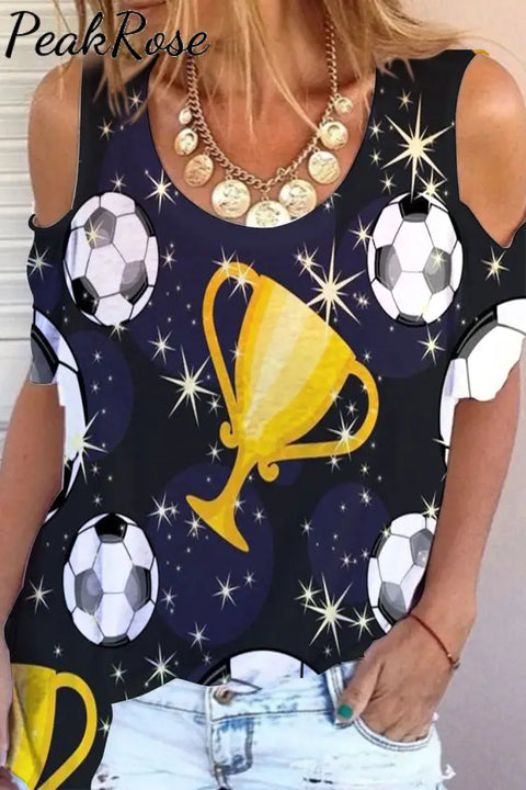 Black Soccer Trophy Cold Shoulder T-Shirt