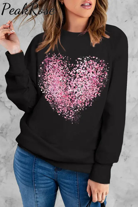 Black Striped Heart-Shaped Round Neck Shift Basic Sweatshirt