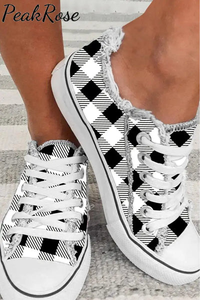 Black&White Plaid Print Shoes Canvas Sneakers / 3.5(35)