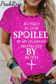 Blessed By God Pattern Round Neck T-Shirt Short Sleeve Top S / Photo Color