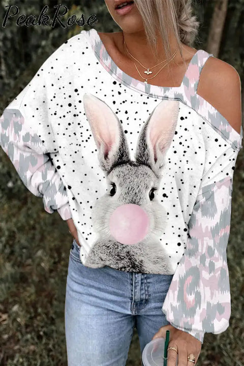 Blowing Bubbles Gray Bunny Pink Leopard Print Off-Shoulder Blouse