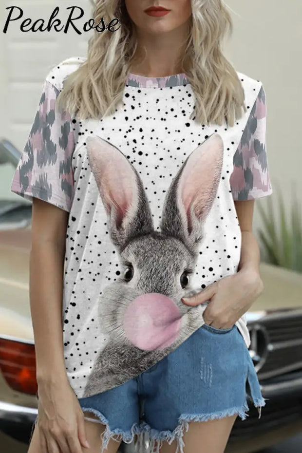 Blowing Bubbles Gray Bunny Pink Leopard Print Round Neck T-Shirt T-Shirt