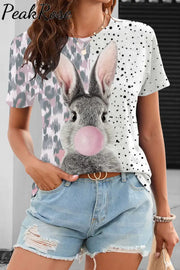 Blowing Bubbles Gray Bunny Pink Leopard Print Round Neck T-Shirt T-Shirt