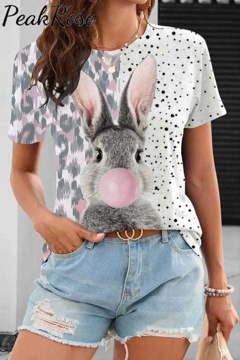 Blowing Bubbles Gray Bunny Pink Leopard Print Round Neck T-Shirt S / Polka T-Shirt