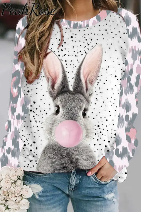 Blowing Bubbles Gray Bunny Pink Leopard Print Sweatshirt