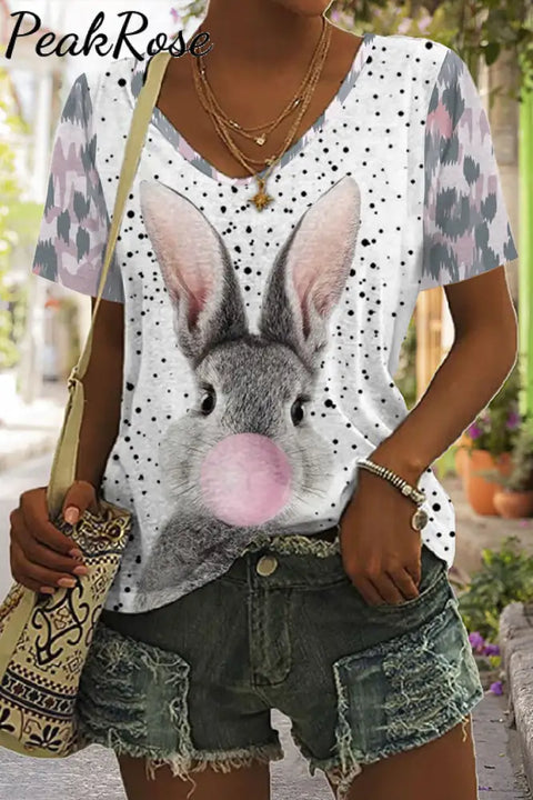 Blowing Bubbles Gray Bunny Pink Leopard Print V Neck T-Shirt T-Shirt