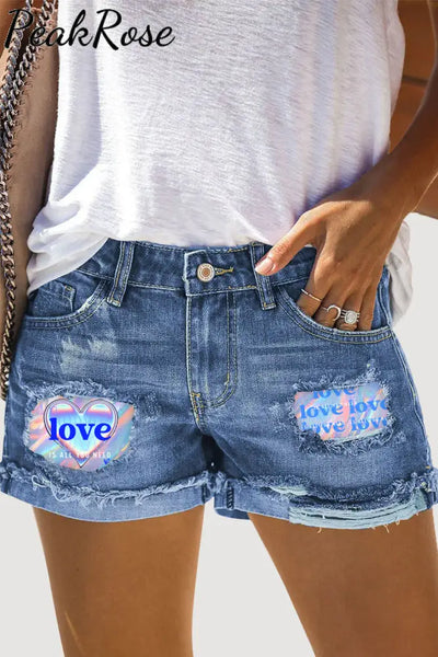 Blue Laser Love Letters Printed Denim Shorts S /