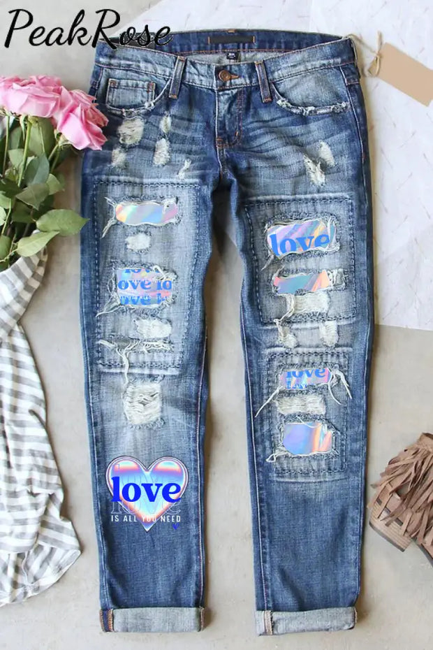 Blue Laser Love Letters Printed Ripped Denim Jeans