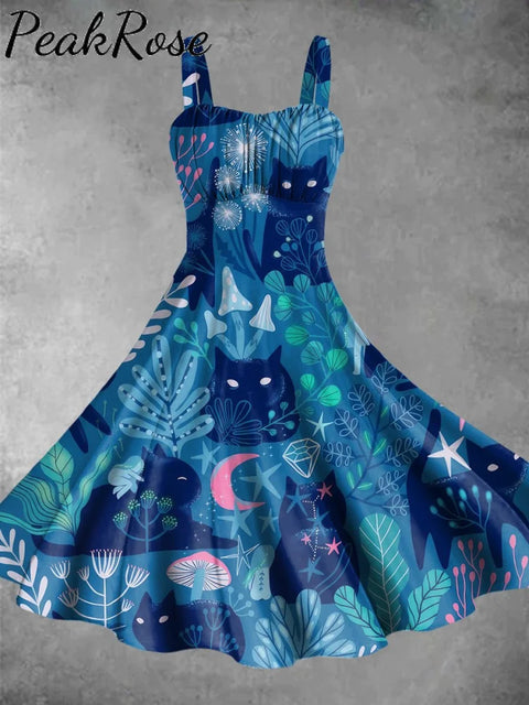 Blue Meowgical Print Backless Dress Colorful / Xs New In-Dress-Skirt