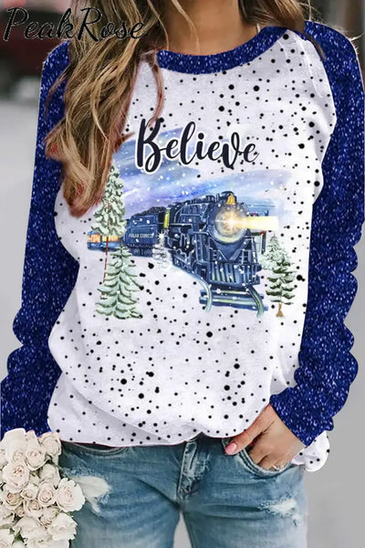 Blue Polka Believe Express Train Sweatshirt S /